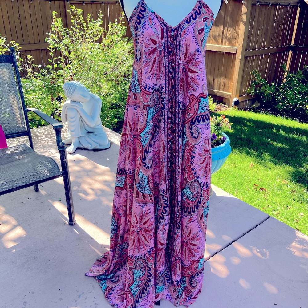 Satin Long Stunning pink paisley dress. Sz small